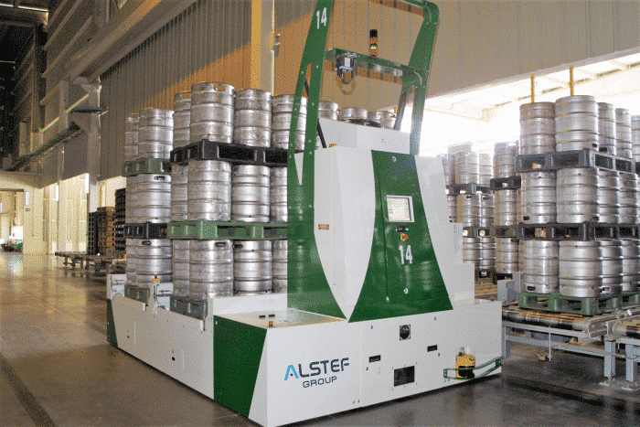 Pallets of kegs on AGV