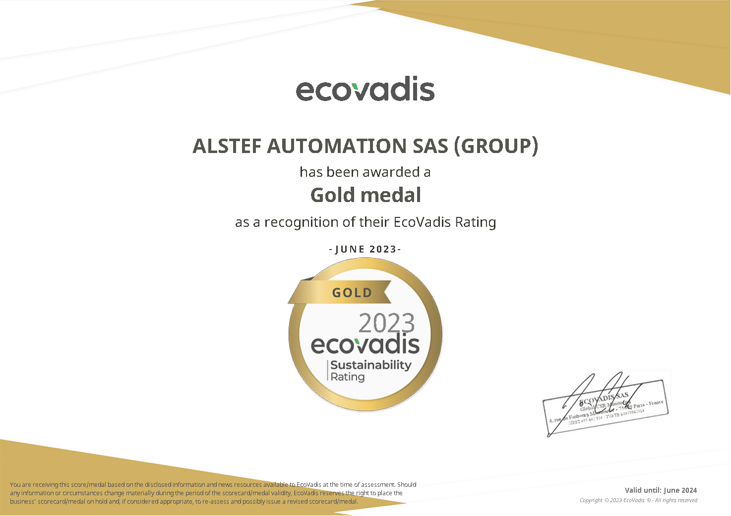 Certificat de médaille d'or Ecovadis du groupe Alstef