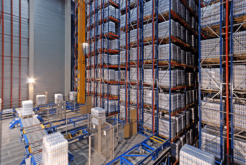 A warehouse in action transporting pallets